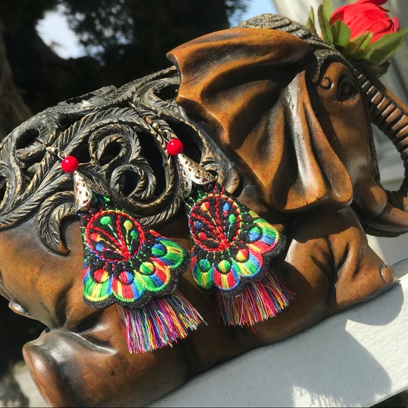 Beautiful Floral Boho Embroidered Tassel Earrings - Picture 6 of 8